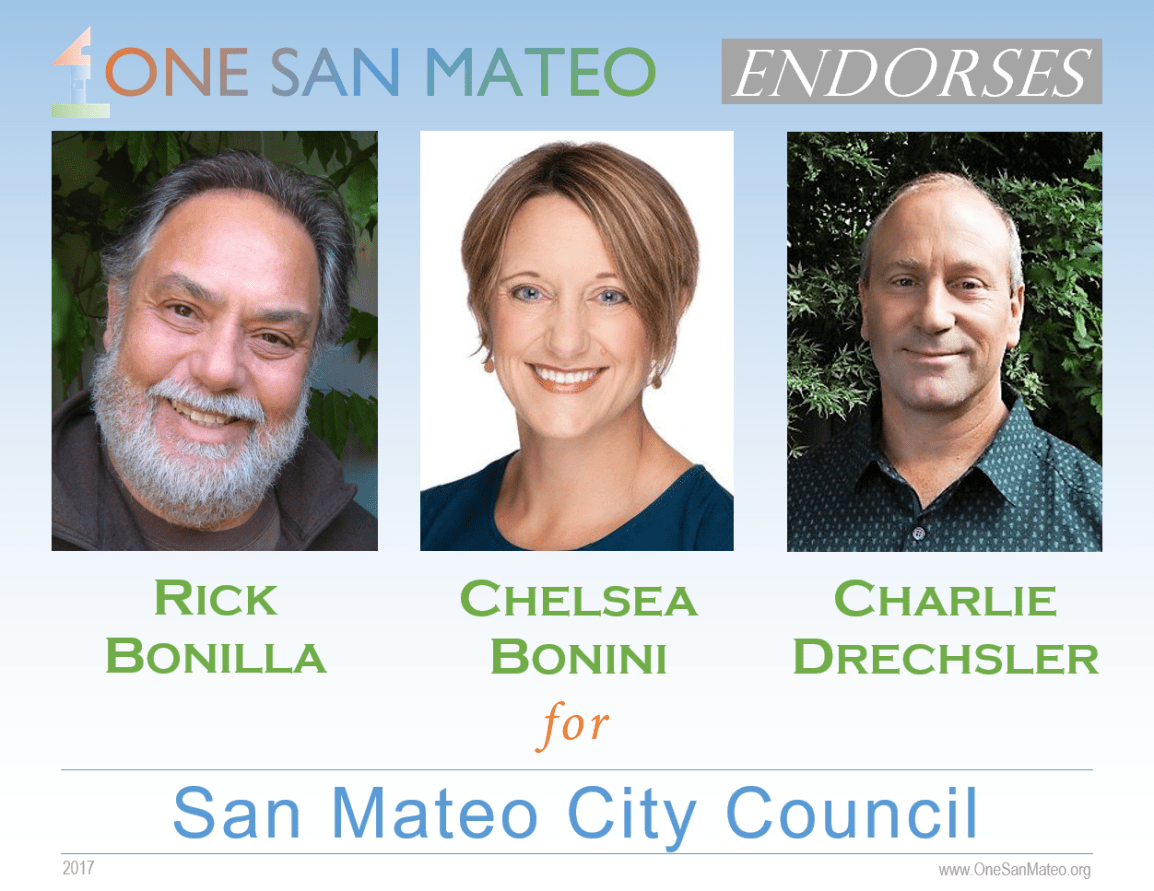 One San Mateo Endorses Rick Bonilla, Chelsea Bonini, and Charlie Drechsler for San Mateo City&nbsp;Council