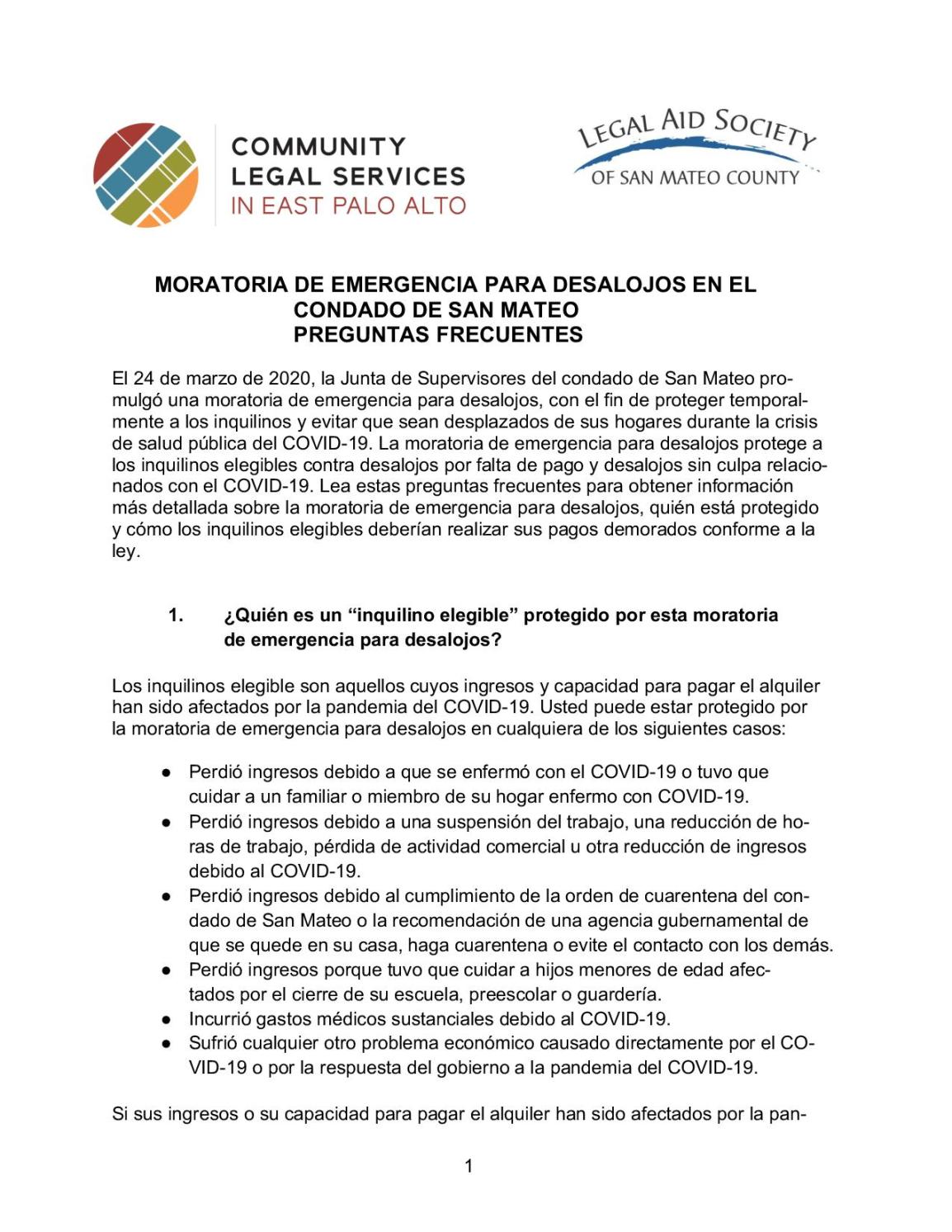 MORATORIA DE EMERGENCIA PARA DESALOJOS EN EL  CONDADO DE SAN MATEO  PREGUNTAS FRECUENTES [EN&nbsp;ESPAÑOL]